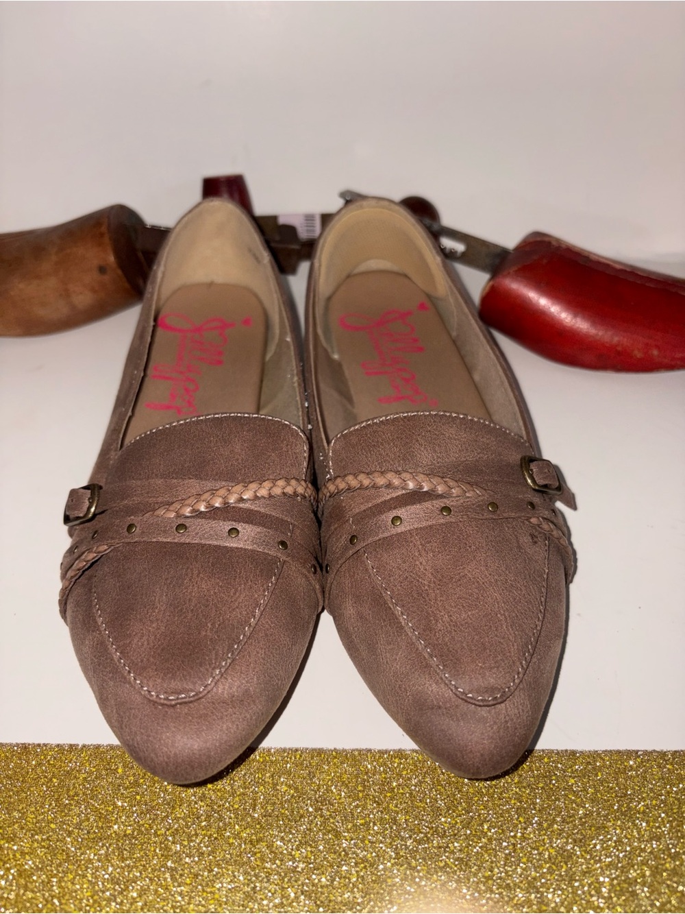 Jellypop Taupe Braided-Trim Pointed Toe Loafers